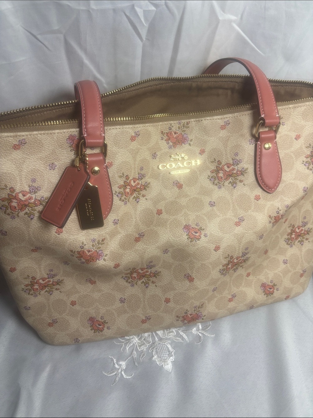Coach Beige Floral Signature Tote with Pink Trim - Picture 2 of 6